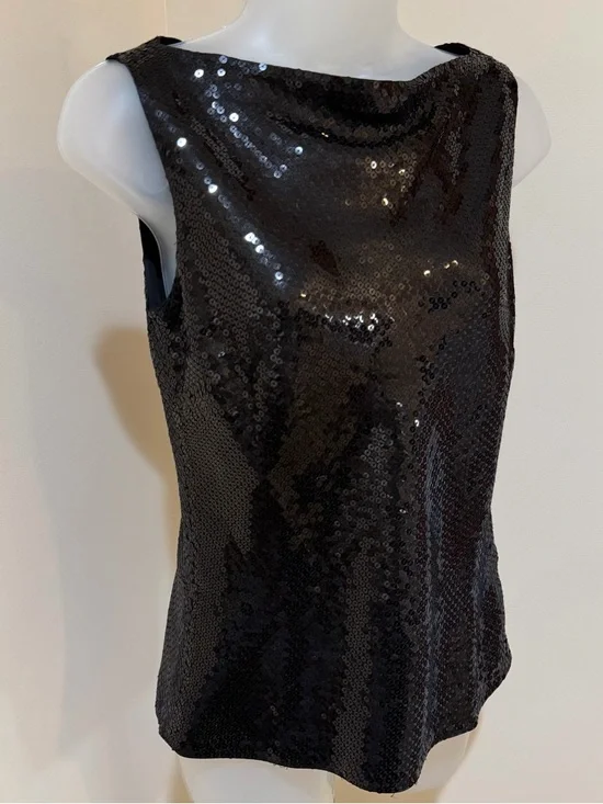 NEW BEAUTIFUL ANN TAYLOR BLACK SEQUIN BOAT NECKLINE SLEEVELESS TOP SIZE 0 - Picture 2 of 16